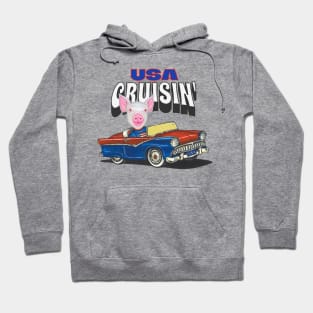 Adorable and cute Pig driving a funny and vintage car through the USA Hoodie